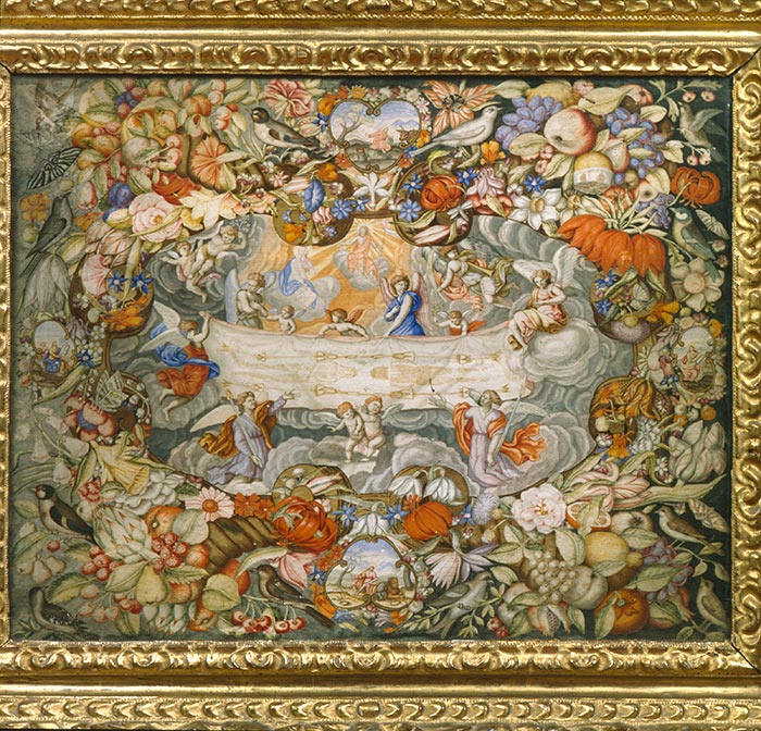 Anonimo — Monfort Octavianus - sec. XVII - Ghirlanda di fiori con frutta, ortaggi, uccelli, farfalle, Cristo risorto, Madonna in gloria, evangelisti e sacra Sindone — insieme